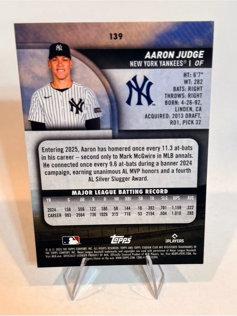 2025 Topps Stadium Club # 139 Aaron Judge Baseball Card - NY- Yankees / Outfield